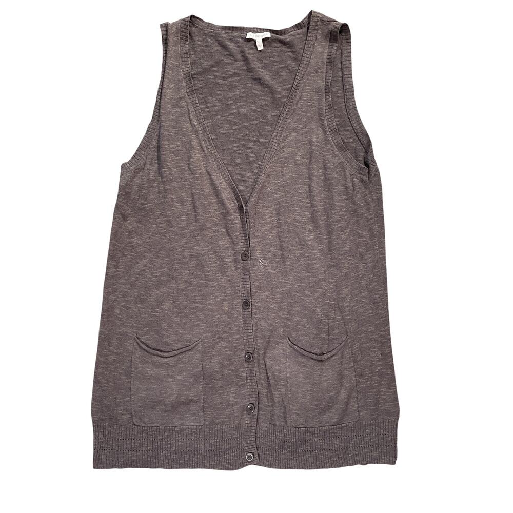 Eileen Fisher Taupe Knit Linen Cotton Sweater Vest Pockets Button Up Size L